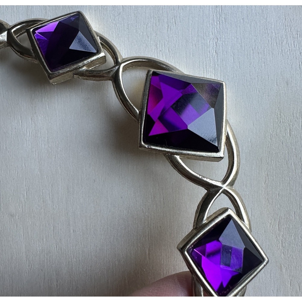 VTG Park Lane Accent Necklace 18 Inch Purple Square Facet Glass Bib Gold Signed - Picture 4 of 10